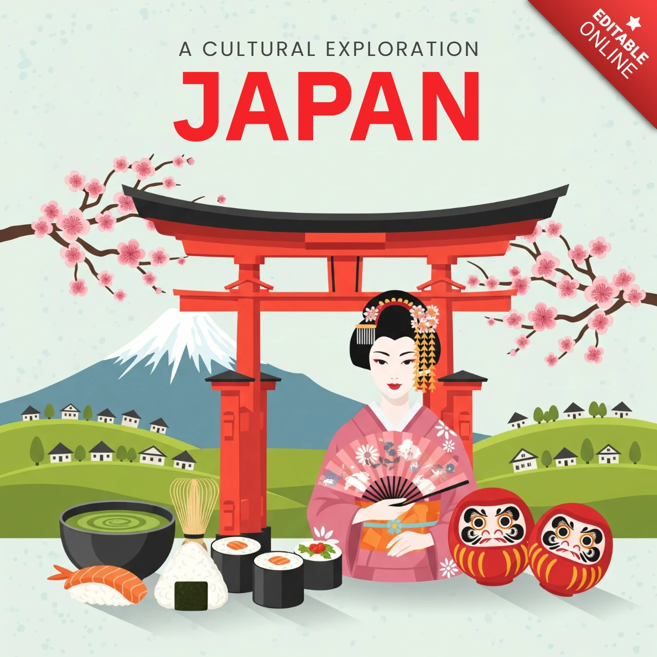 Exploração cultural japão pôster mulher de quimono, portão torii, flores de cerejeira e monte fuji