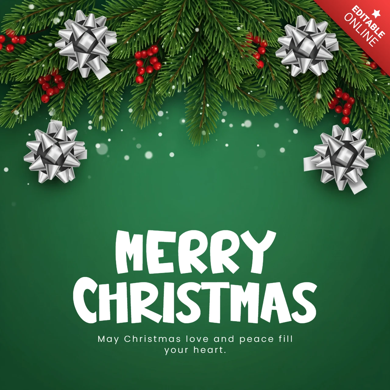 Merry Christmas Card Festive Garland with Silver Gift Bows Framing May Christmas Love and Peace Fill Your Heart Design Template