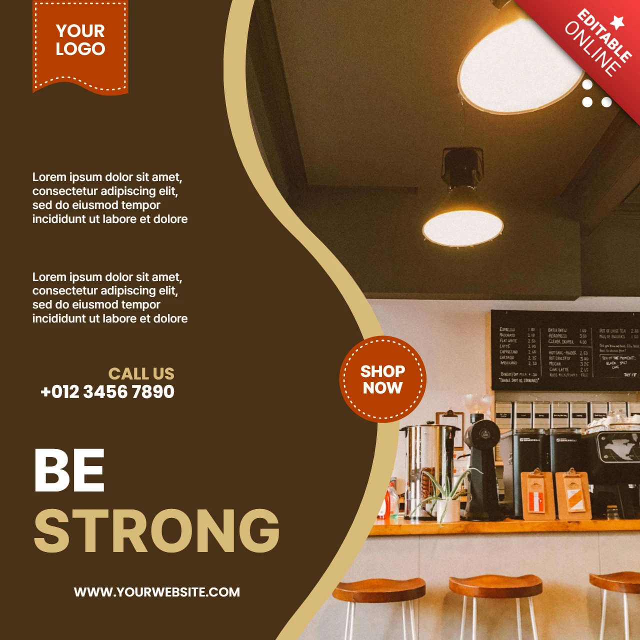 Modelo de design de post de mídia social da cafeteria Be Strong