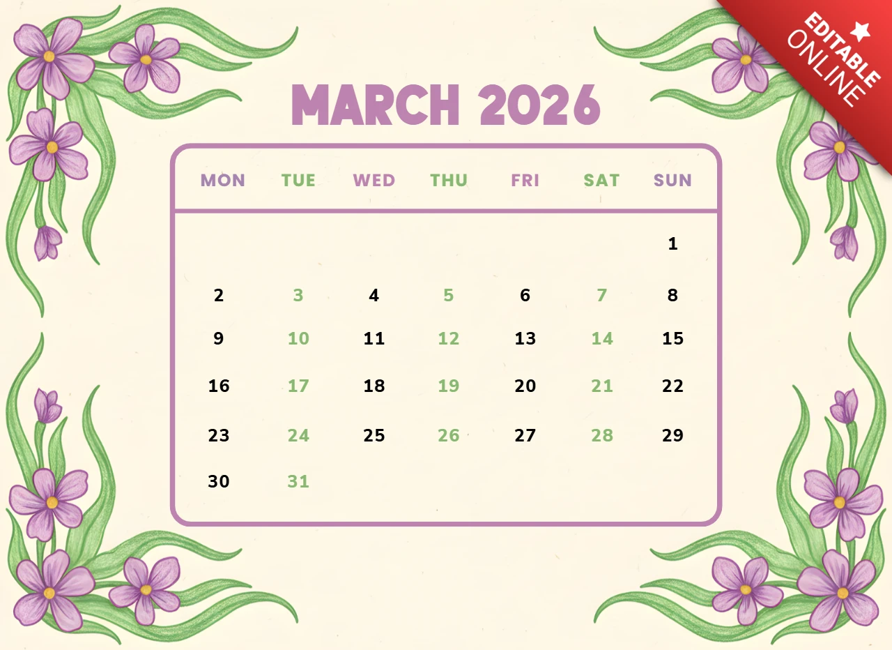 Bahar dekoratif mart 2026 takvim afişi mor çiçekler ve şenlik teması ile