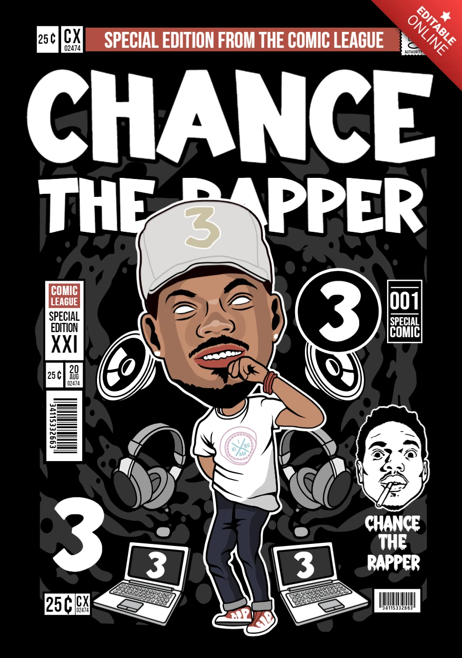 Chance the rapper cartoon character cover magazine design template