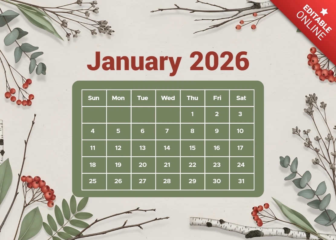 Floral Calendar Template Design for January 2026 with Botanical Elements