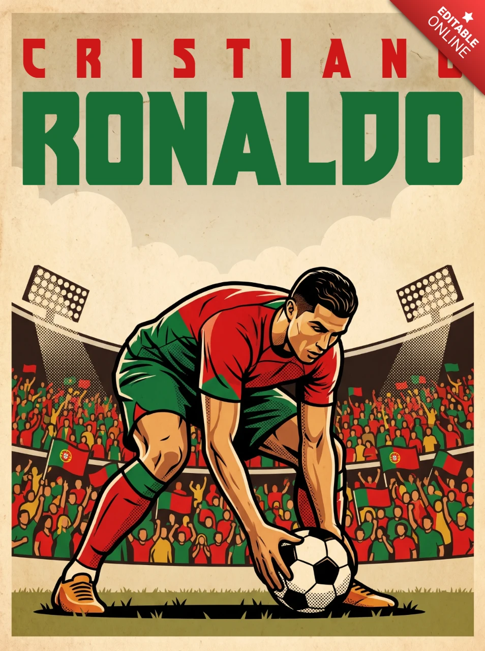 Vintage Cristiano Ronaldo Soccer Poster – Retro CR7 Portugal National Team Artwork with Ball at Feet and Classic Stadium Atmosphere