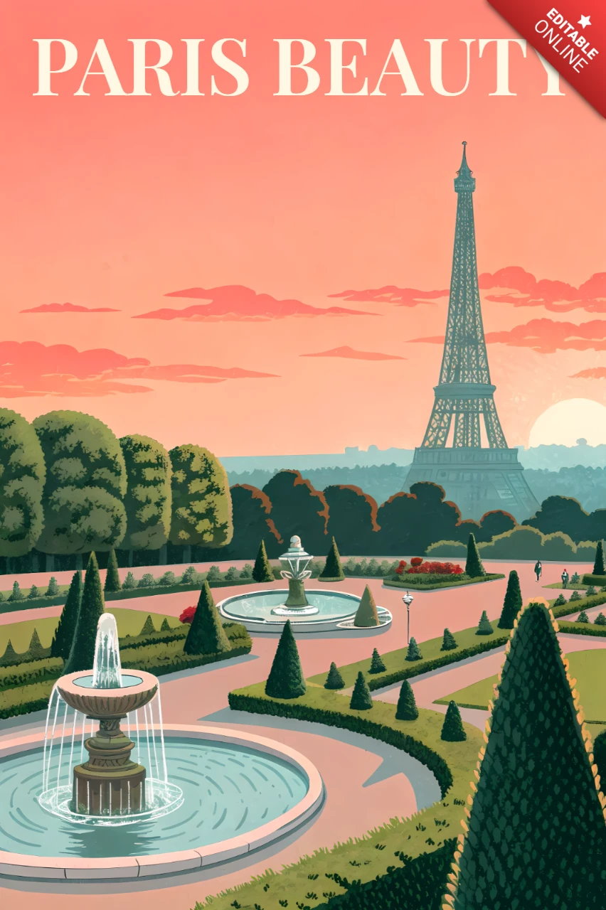 Paris French Gardens Beauty Vintage Illustration for Retro Flat Souvenirs Posters Template