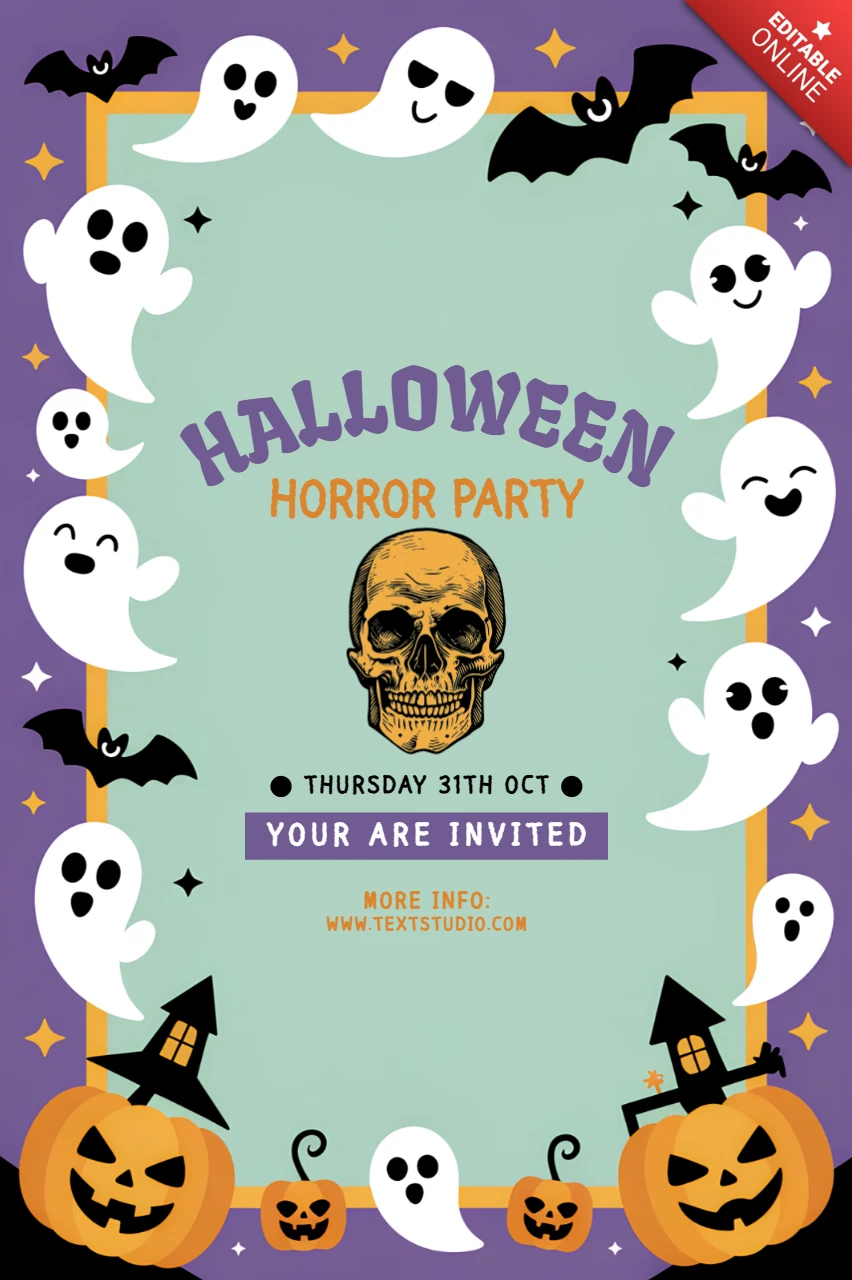 Convite de festa de Halloween assustador com design de fantasmas e caveiras