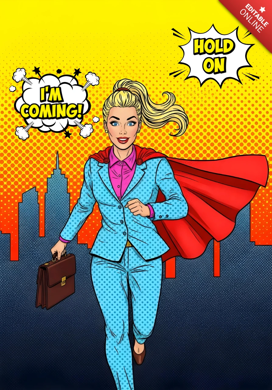 Héros de bureau au style bande dessinée 'attends, j'arrive' art pop rétro avec mallette et cape modèle de design d'affiche