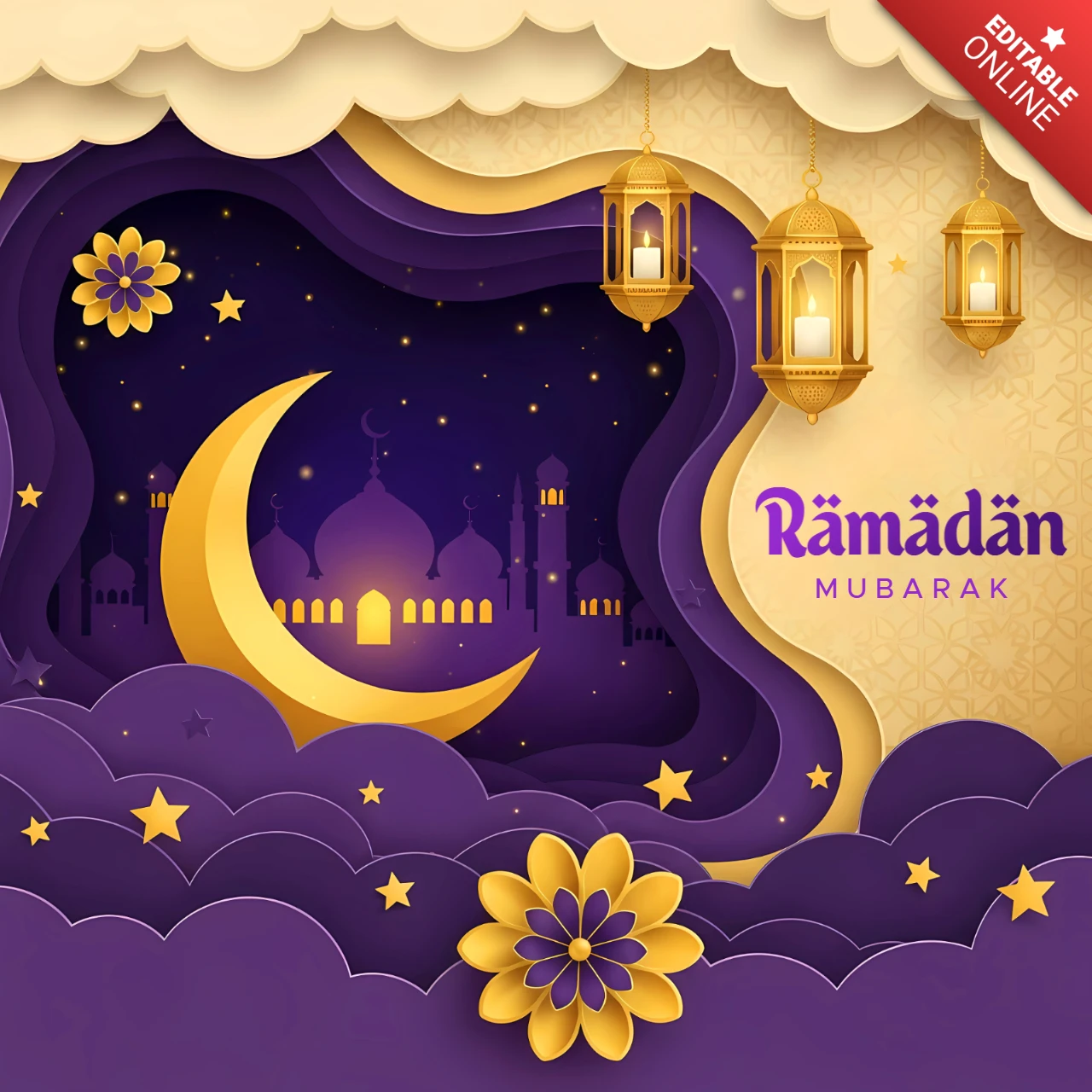 Template de design para o Ramadã mubarak com lua crescente e lanternas para cartões de saudação