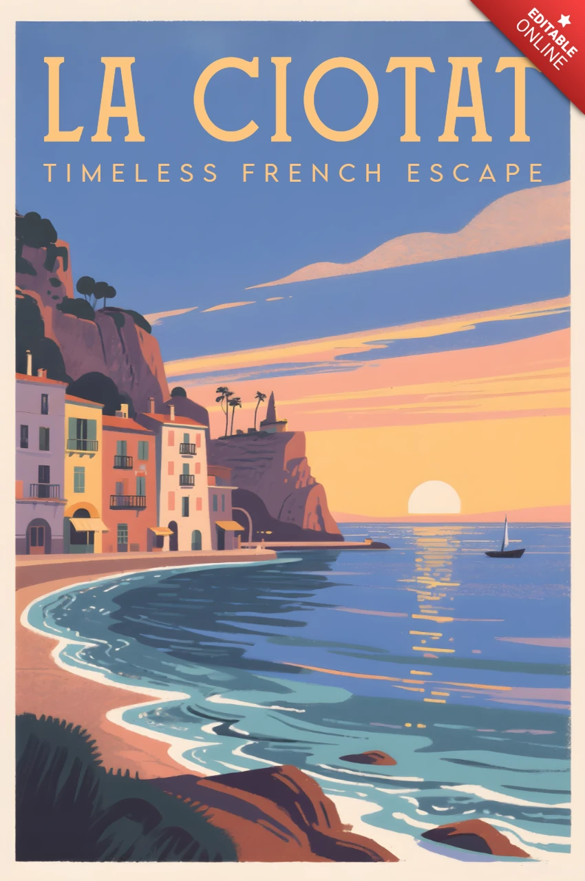 Template de design costeiro vintage de La Ciotat para pôsteres de viagem retrô imprimíveis.
