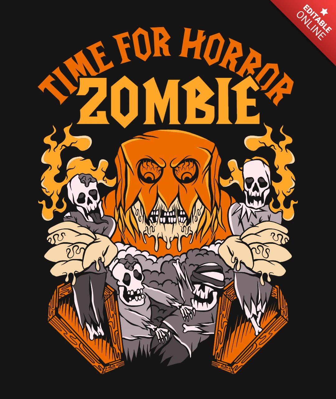 ホラーゾンビハロウィンのためのカボチャと骸骨のTシャツデザインテンプレートの時間