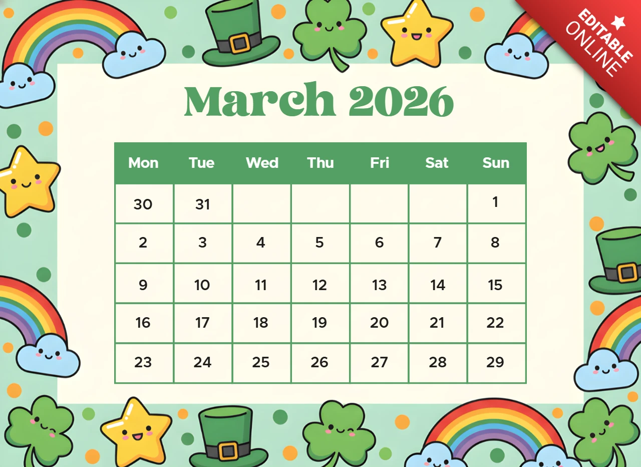 März 2026 dekorativer Kalenderposter mit Kleeblättern, Regenbögen und Thema St. Patrick's Day