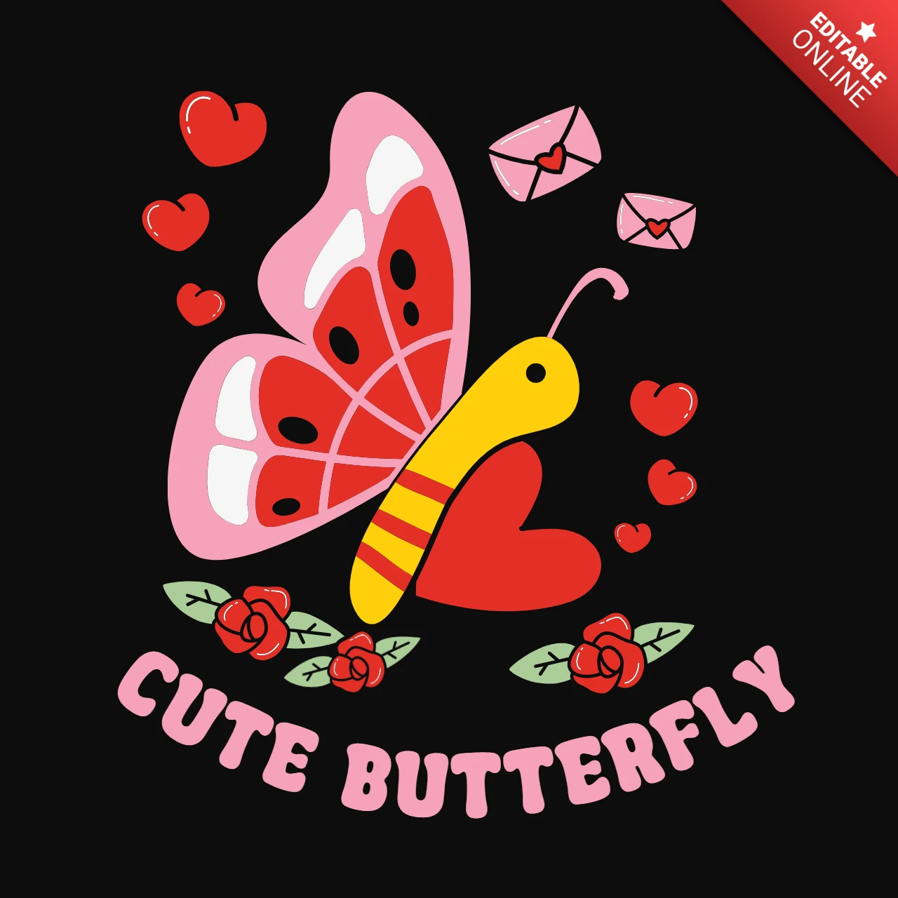 Cute Butterfly And Hearts Valentine T-Shirt Design Template