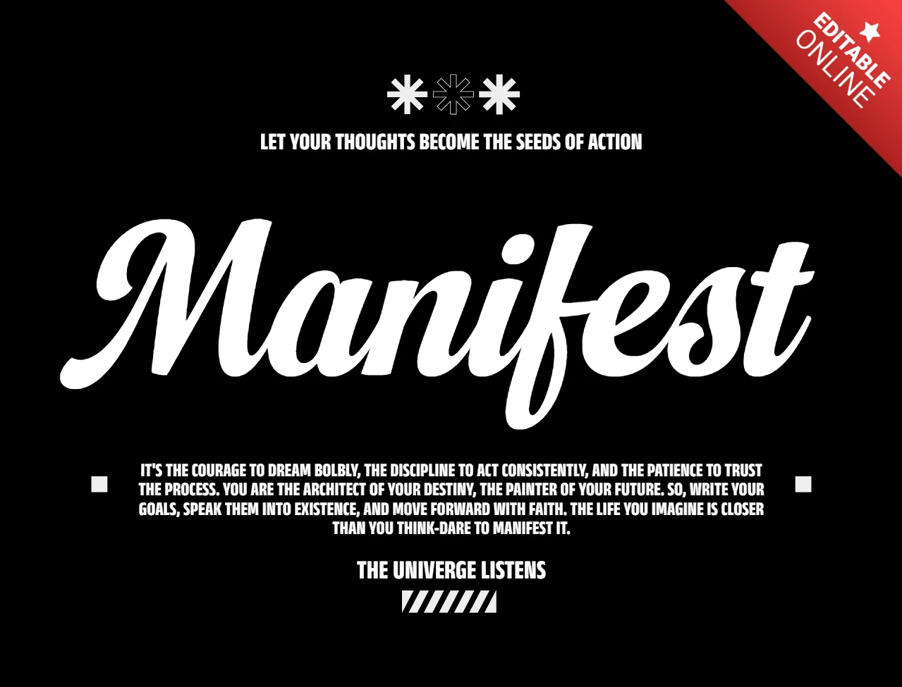 Manifestar citação inspiradora com símbolos cósmicos e modelo de design de camiseta em tipografia de script