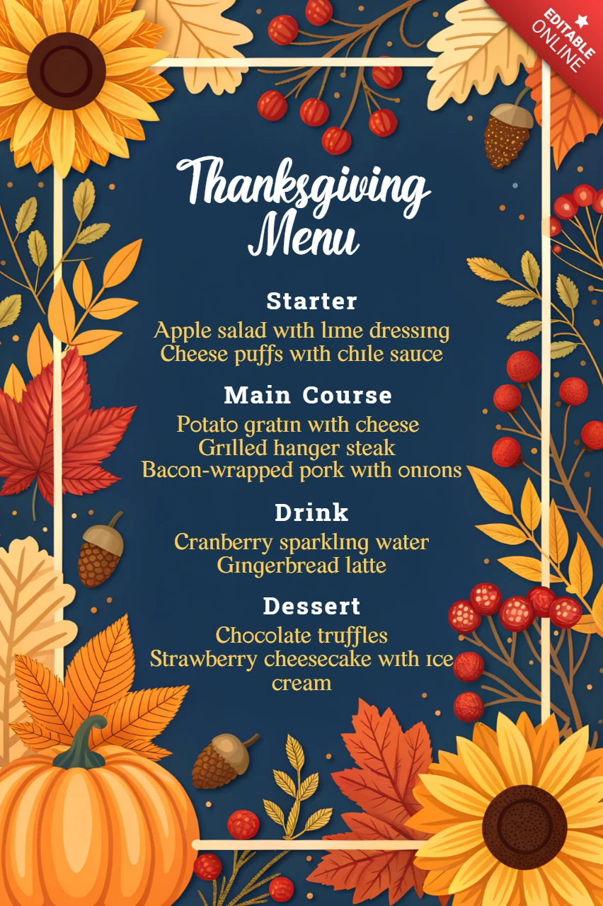 Thanksgiving Menu Design Template with Sunflowers and Autumn Leaves for Seasonal Events