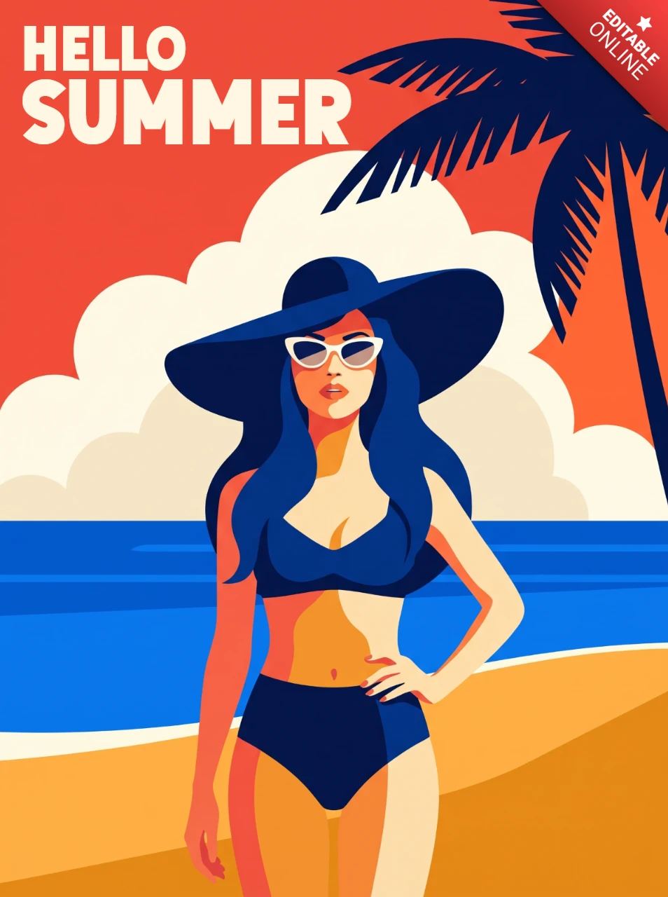 Hello Summer Tropical Poster – Colorful Minimalist Bikini Girl Beach Scene Artwork for Coastal Wall Decor and Summer Holiday Vibes