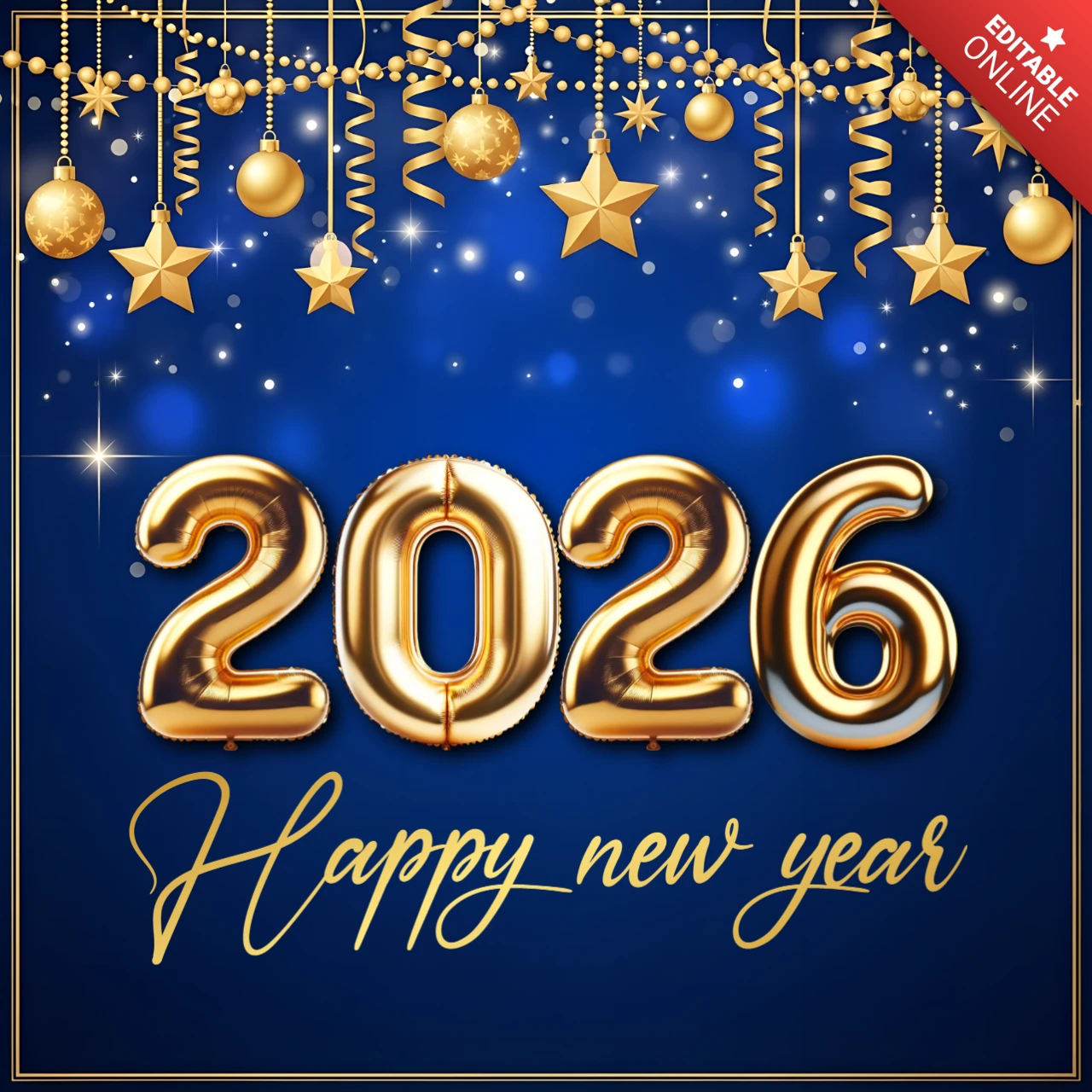 Neujahrsfeier-Vorlage mit goldenen Luftballons und Sternen-Design für Partyeinladungen