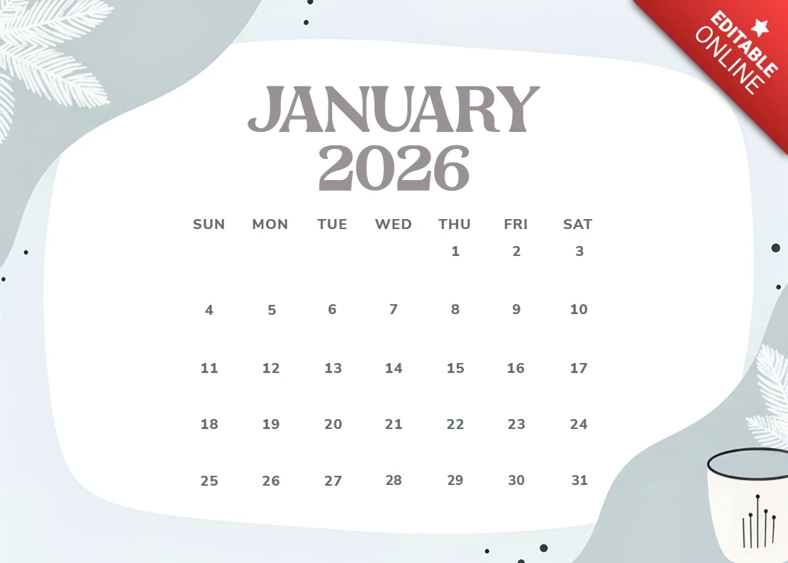 Elegancki szablon kalendarza na styczeń 2026 z motywem liścia