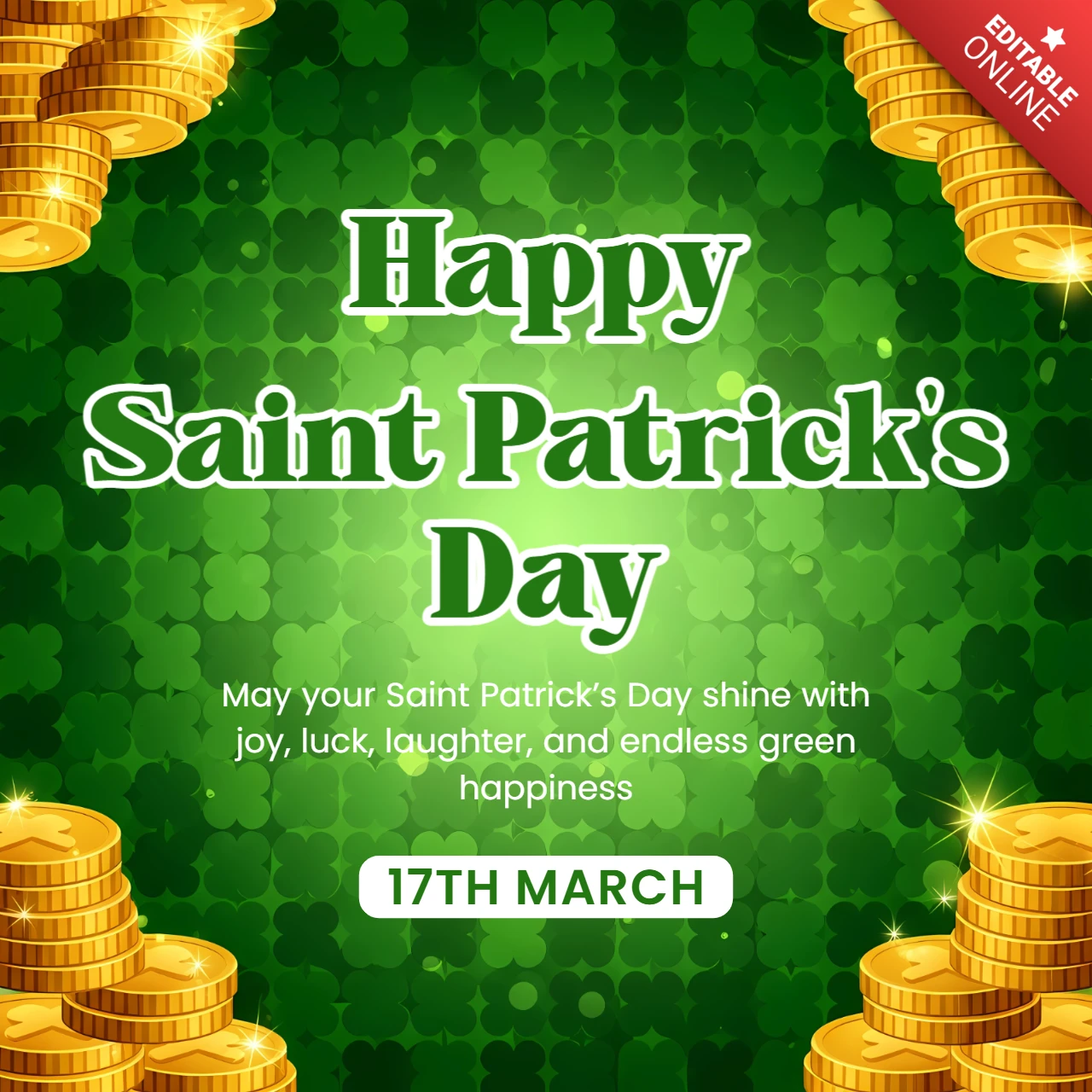 Plantilla de celebración del Día de San Patricio con diseño de monedas de oro para tarjetas de felicitación.