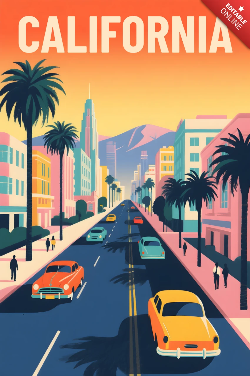 Modelo de pôsteres de viagem com design plano retro da Califórnia