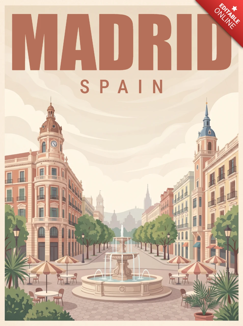 Madrid Retro Vintage Charm Poster Spain Scenic Plaza Avenue Fountain Café Umbrellas Historic Architecture Nostalgic Artwork