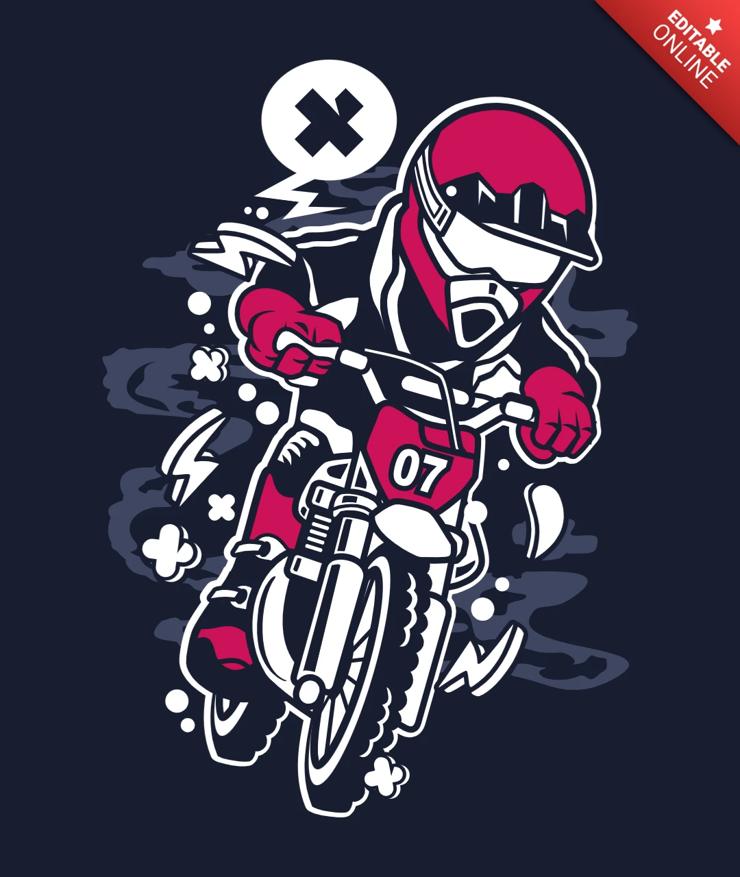 T-Shirt-Designvorlage für Motocrossfahrer-Cartoon-Charaktere