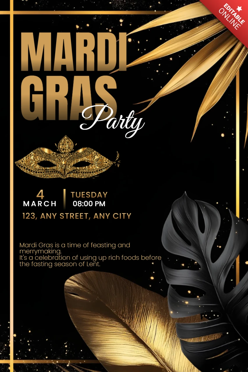 Modèle d'affiche pour la fête de mardi gras en noir et or