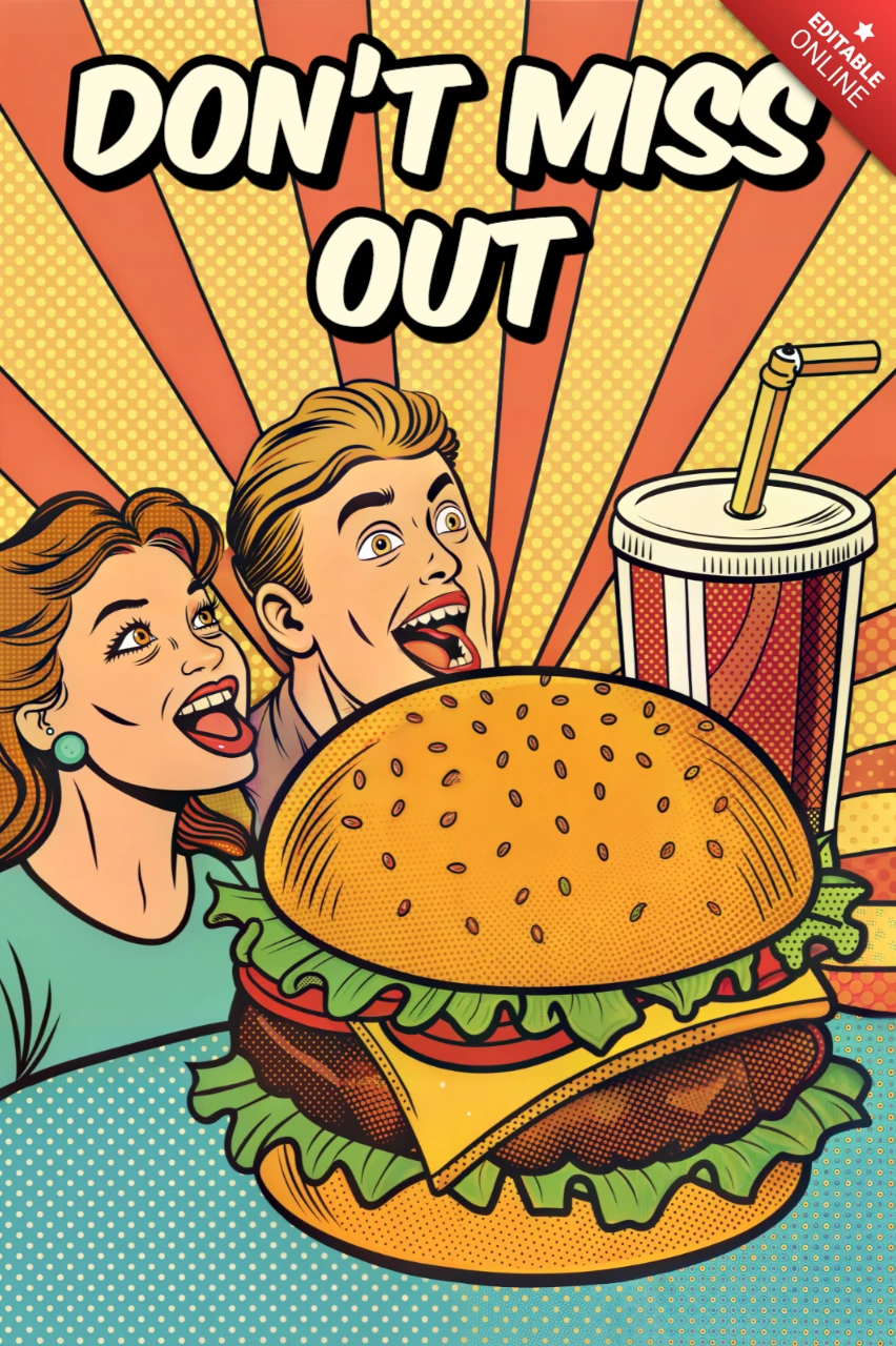 Plantilla de diseño de hamburguesa de pop art para promoción de alimentos