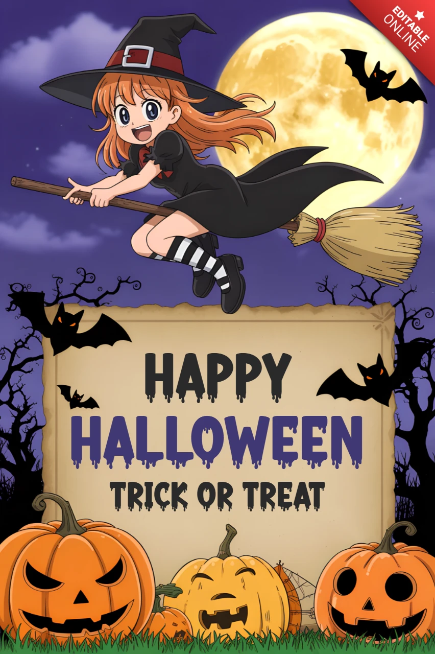 Whimsical Halloween Design Template with Witch and Pumpkins for Greeting Cards