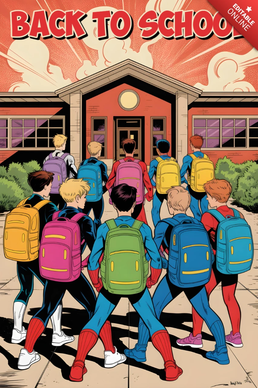 Back to School Students Walking Toward School with Colorful Backpacks and Sunrise Sky Poster Design Template