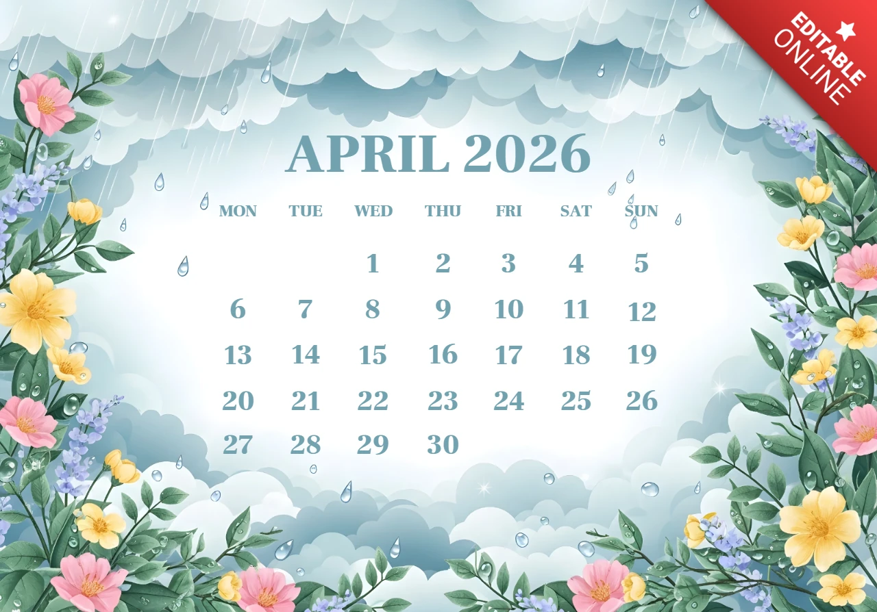 Affiche du calendrier d'avril 2026 — nuages de pluie printaniers, fleurs colorées, feuillage vert et thème décoratif saisonnier