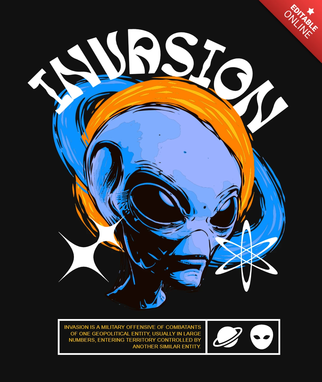 INVASION Sci-Fi Stylized Alien Head with Cosmic Swirls & Military Definition T-Shirt Design Template