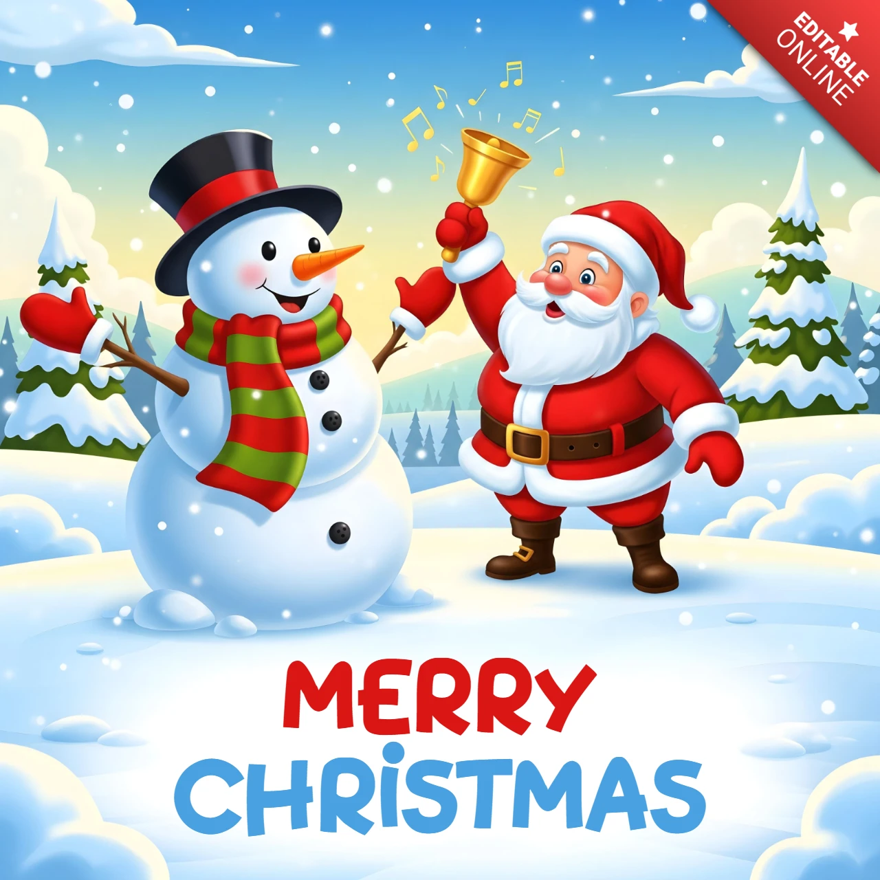 Pôster de temporada de férias com papai noel e boneco de neve em cena nevada com sino, notas musicais e design de saudação de natal.