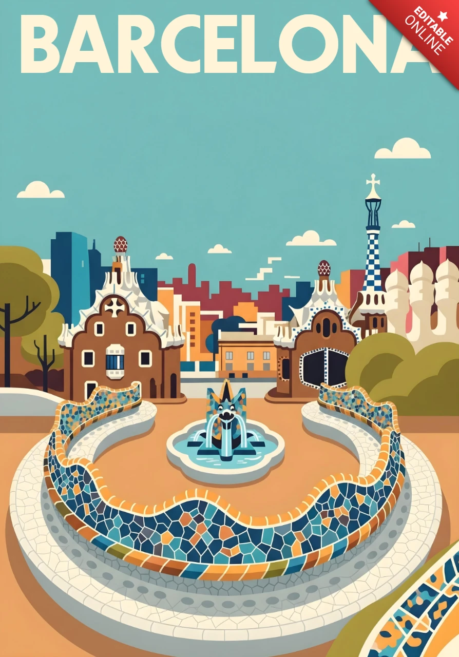 Pôsteres de viagem com design de banco de mosaico do Parque Güell de Barcelona e arquitetura fantasiosa