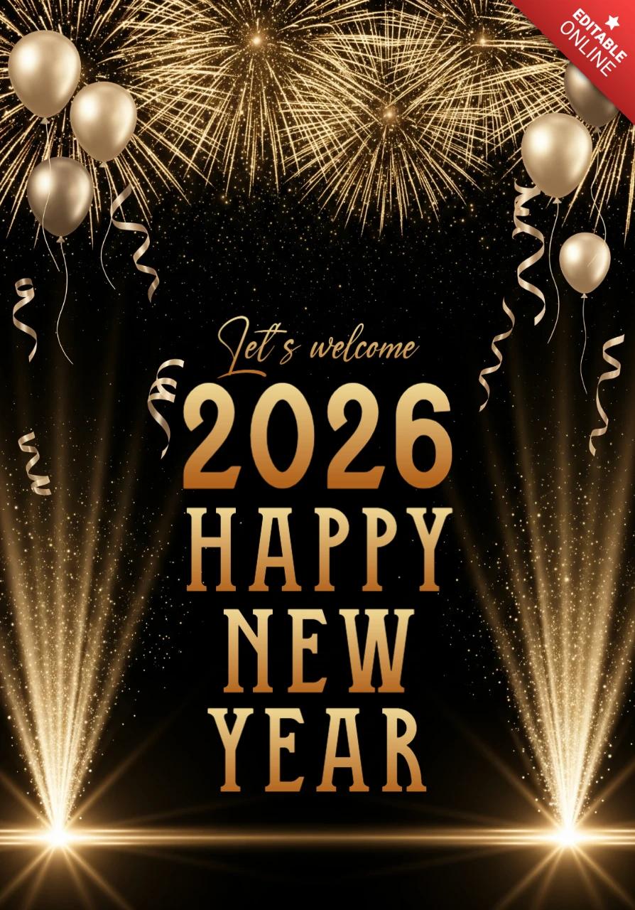 С Новым годом 2026! Постер с черным фоном, золотыми шарами, фейерверками и праздничными огнями.