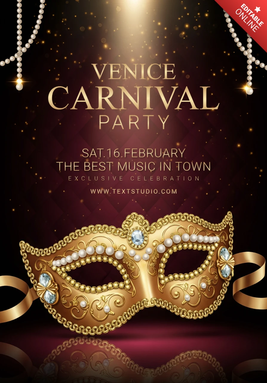 Póster de fiesta de carnaval de Venecia, elegante máscara de baile dorada con perlas, joyas y luces brillantes sobre fondo oscuro.