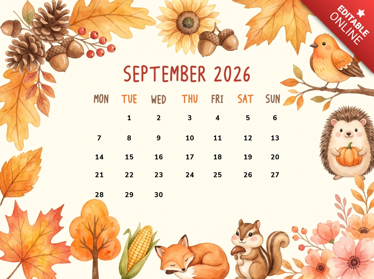 September 2026 calendar page with cute watercolor autumn forest animals and colorful fall leaves