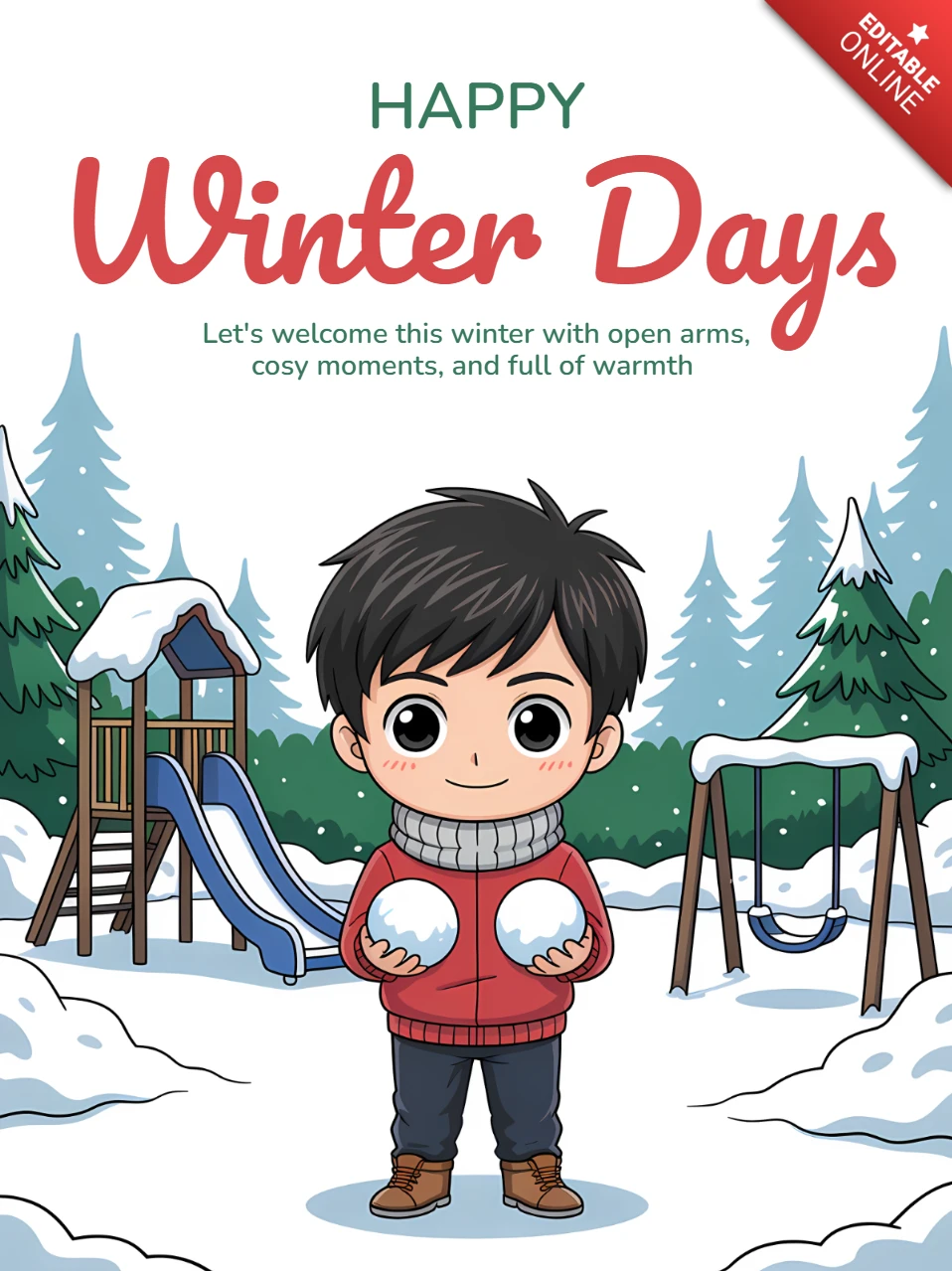 Winter Days Design Template with Playful Child Holding Snowballs for Greeting Cards