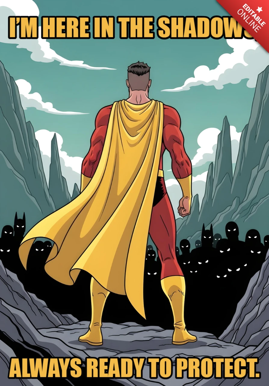 Shadow Guardian Hero in Red Suit with Glowing Eyes & Mountain Backdrop Poster Design Template