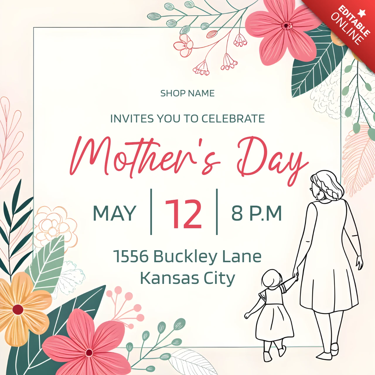Plantilla de invitación floral para el día de la madre - diseño elegante para celebraciones