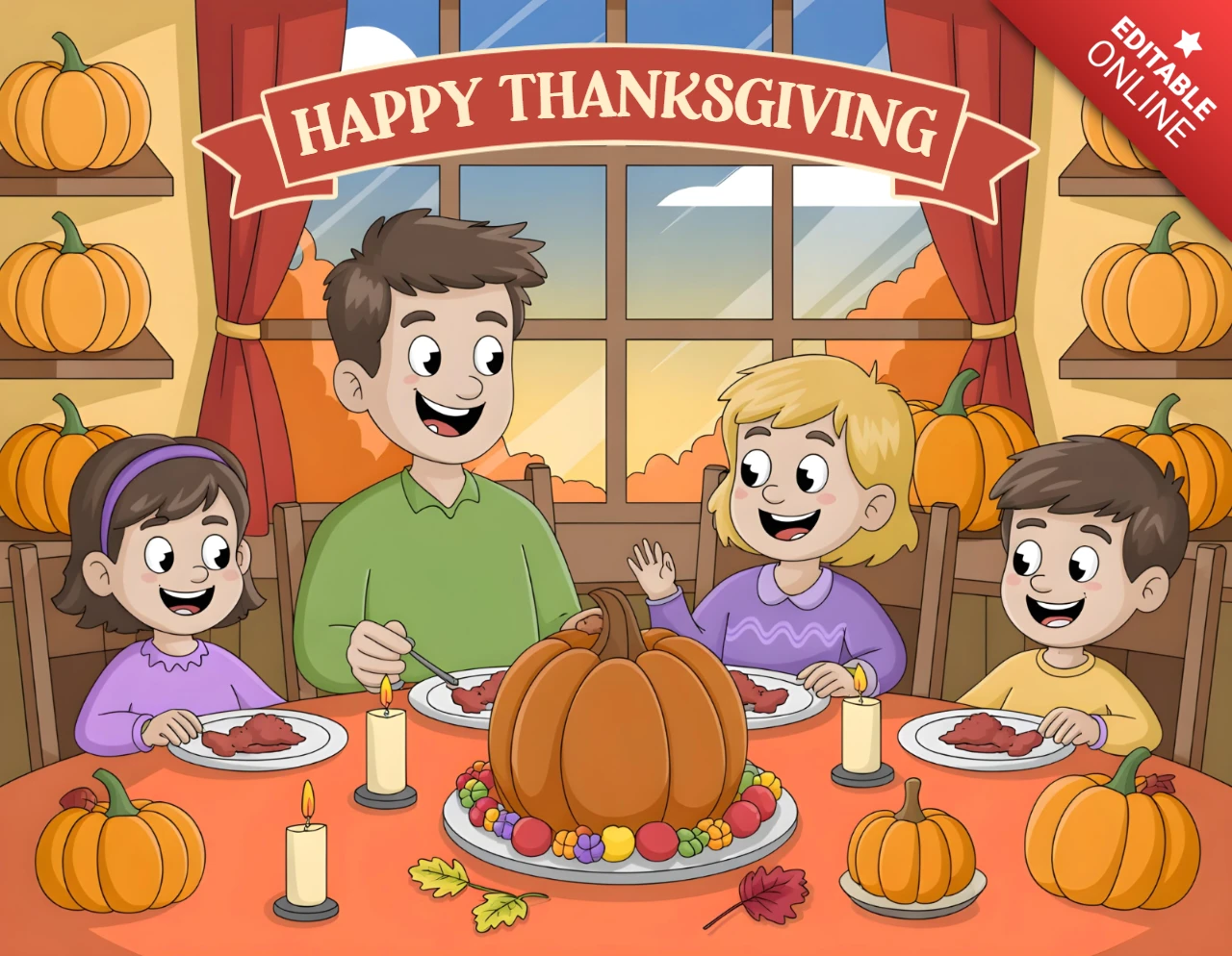 Carte de vœux de Thanksgiving en cartoon, dîner en famille heureux avec des citrouilles et un décor d'automne, modèle de design de bannière.