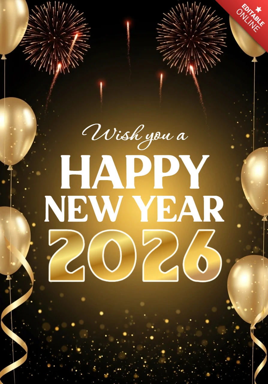 Tarjeta de feliz año nuevo 2026 con globos dorados y fuegos artificiales con luces de celebración brillantes.
