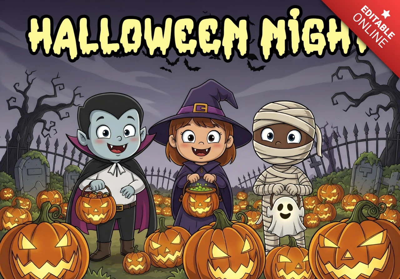 Spooky Halloween Night Greeting Card Cute Kids in Vampire, Witch & Mummy Costumes with Graveyard, Jack-o'-Lanterns & Bats Design Template for Festive Flyers