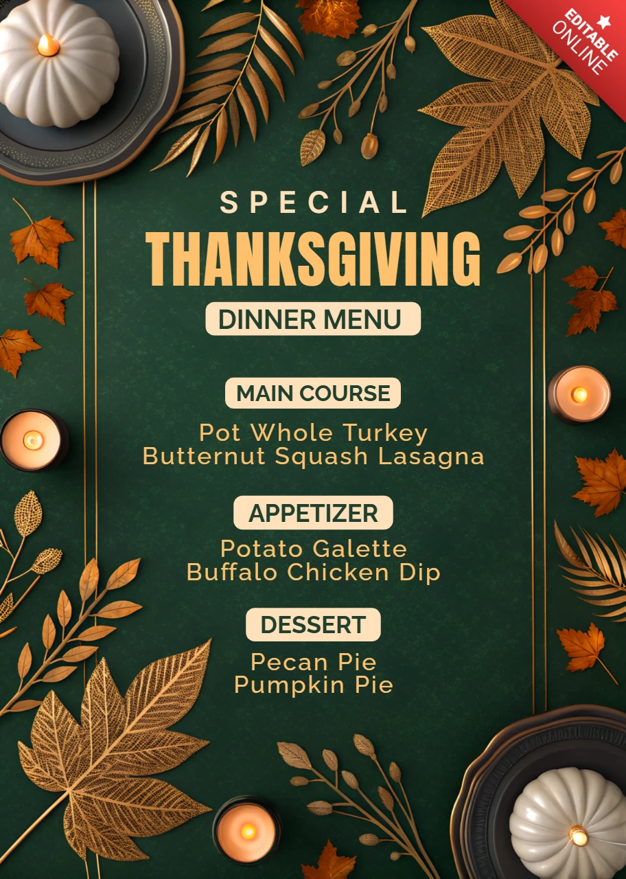 Modèle de design de menu de Thanksgiving avec des feuilles élégantes et des bougies pour des événements de dîner festifs