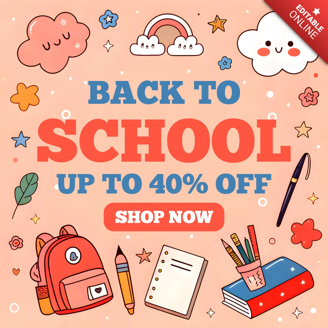 Back to School Design Template with Cute Kawaii Style Stationery for Flyers
