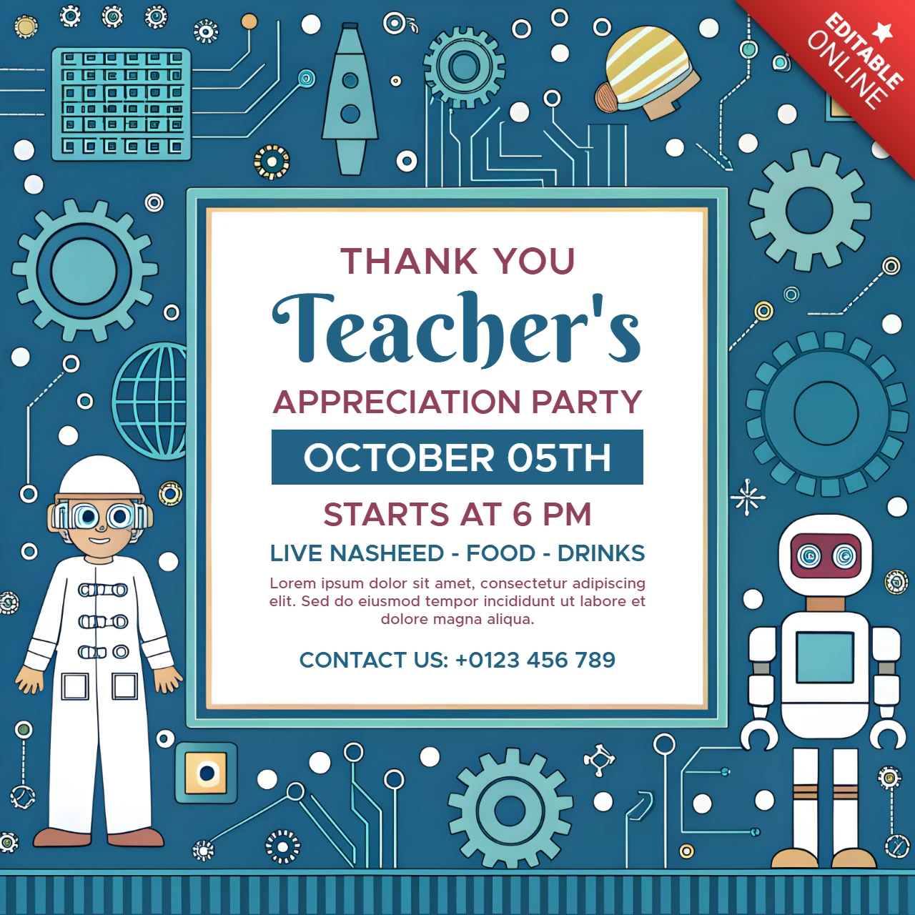 Editable Teacher's Appreciation Party Template - Fun and Colorful Retro Design