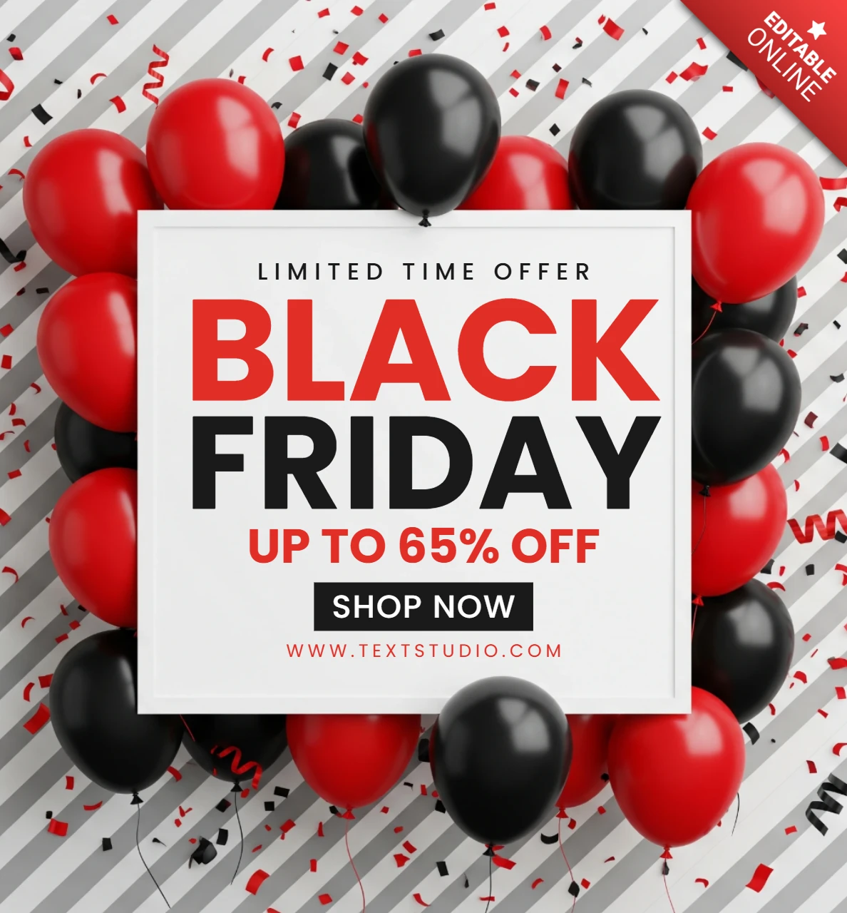 Cartaz de compras sazonais layout de black friday apresentando fundo listrado, acentos de balões e design de confetes para folhetos promocionais.