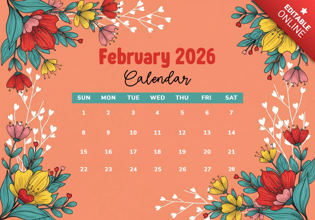 Affiche de calendrier de février 2026 avec un design floral corail, des fleurs rouges, jaunes et roses et une lueur scintillante de Saint-Valentin.