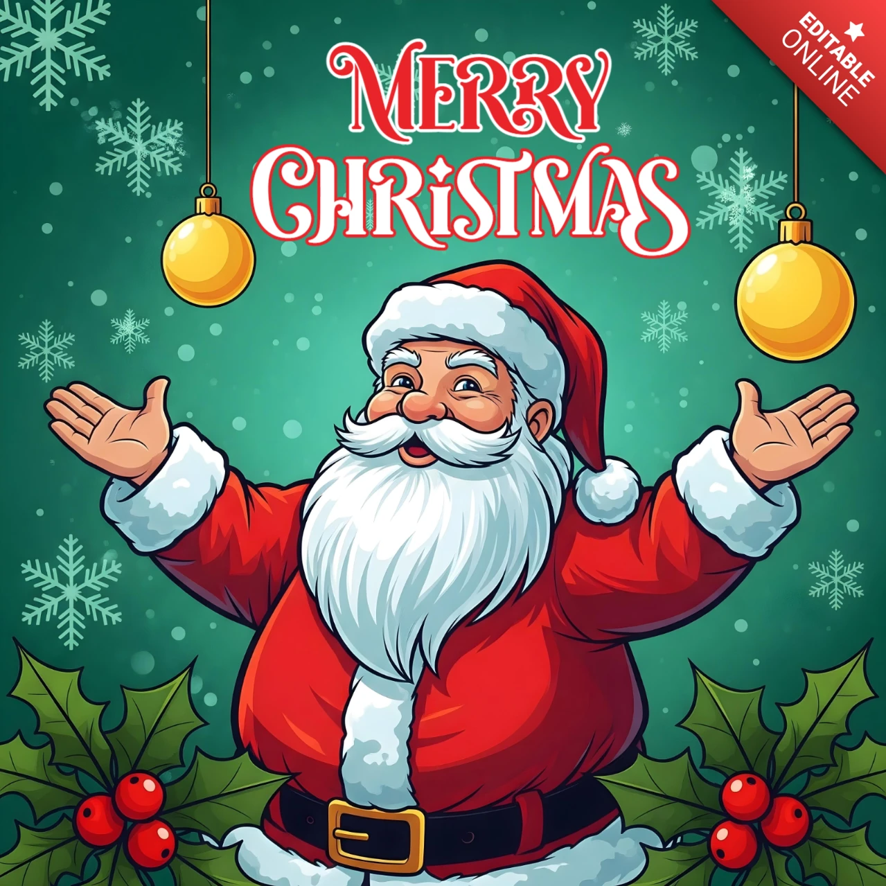 Pôster de Natal com o Papai Noel de braços abertos em fundo verde com flocos de neve e ornamentos pendurados, modelo de design.