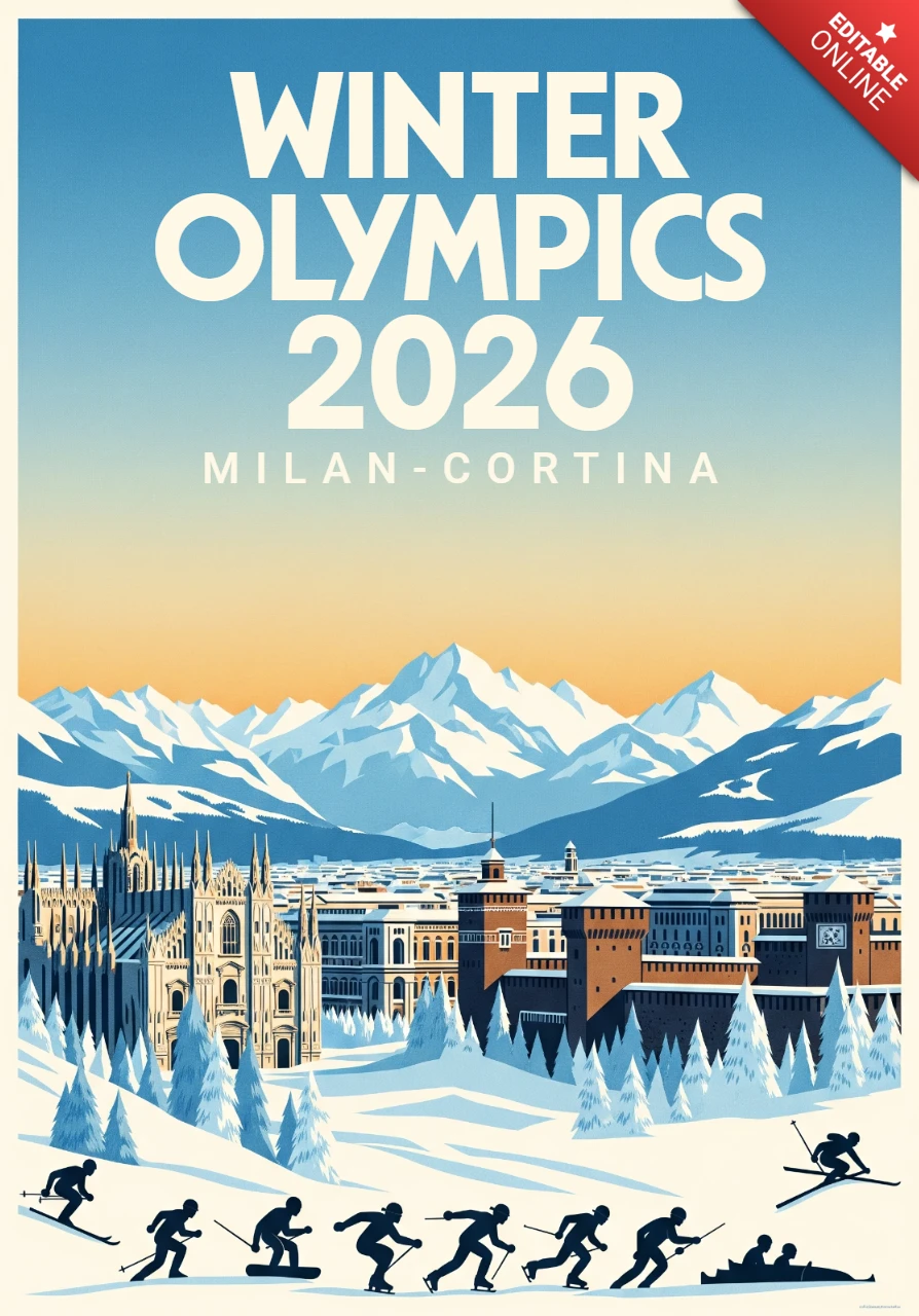 Milan-Cortina Winterolympiade 2026 Plakat Skifahren, Snowboarden und Eislaufen mit dem Hintergrund des Mailänder Doms