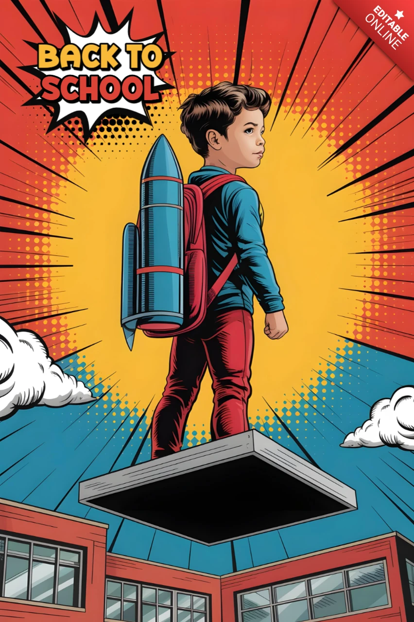 Zurück zur Schule Jetpack-Schüler auf schwebendem Buch mit Comic-Explosion-Hintergrund Plakatdesign-Vorlage