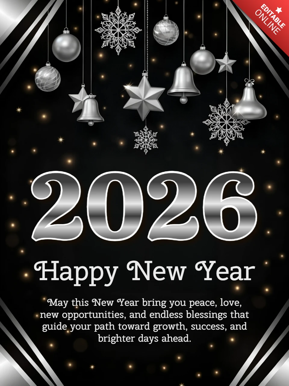 New Year Celebration Template with Silver Stars and Ornaments Design for Greeting Cards